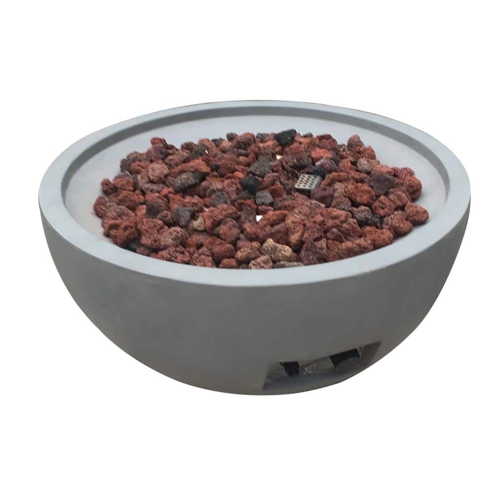 Gray Round Concrete Gas Fire Pit Table with Lava Rocks