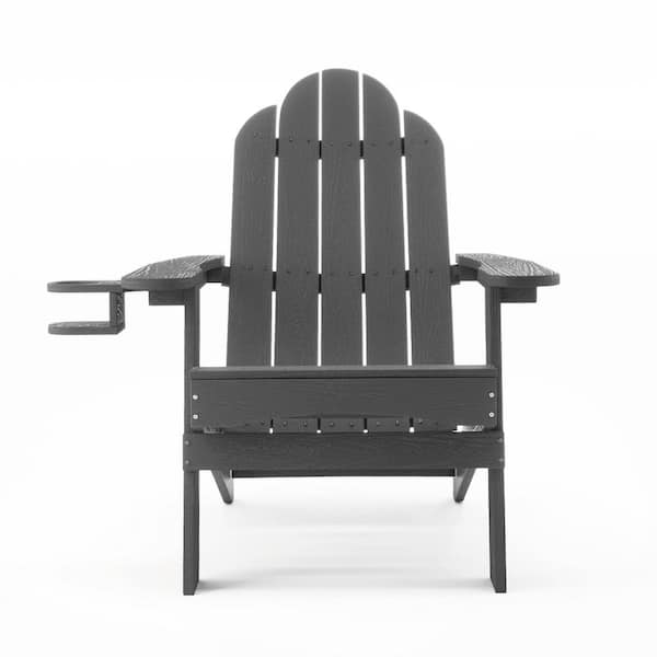 LUE BONA Miranda Dark Gray Foldable Recycled Plastic Outdoor Patio Adirondack Chair with Cup Holder for Firepit/Pool(1-Pack)