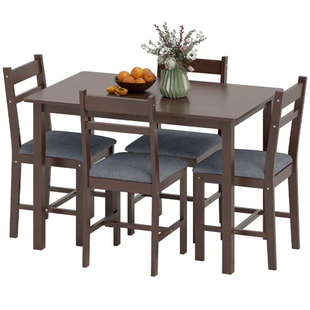 5-Piece Wood Outdoor Dining Set with 4 Chairs with Gray Cushions and 1 Dining Table in Walnut