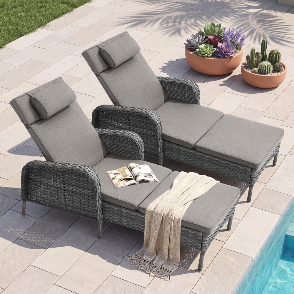 Wellcane 2-Piece Gray Wicker Outdoor Chaise Lounge Chair with Adjustable Backrest, Outdoor Recliner with Gray Cushion price history on PriceWatchPro