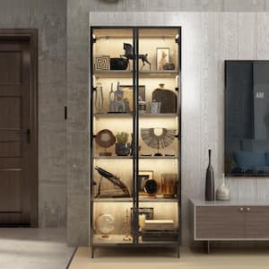 72.4 in. H Gray Wood Accent Storage Cabinet With 2-Glass Doors, Pop-Up Design, LED Lights