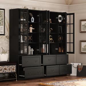 78.7 in. Tall Black Wood 12-Shelf Combination Standard Bookcase Storage Cabinet with Tempered Glass Doors and 6-Drawers