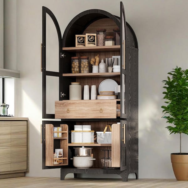 71 in. Tall Black Arched Kitchen Pantry Cabinet Sideboard with Hidden Drawer and Adjustable Shelves and Glass Door