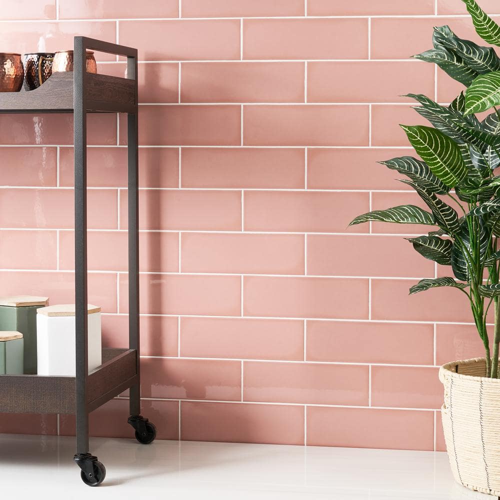Pink Polished Porcelain Subway Wall Tile 3.93 x 11.81 in