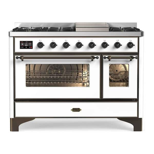 Majestic II 48 in. Double Oven Dual Fuel Range with 8 Sealed Burners, Glass Door, Burnished Trim in White