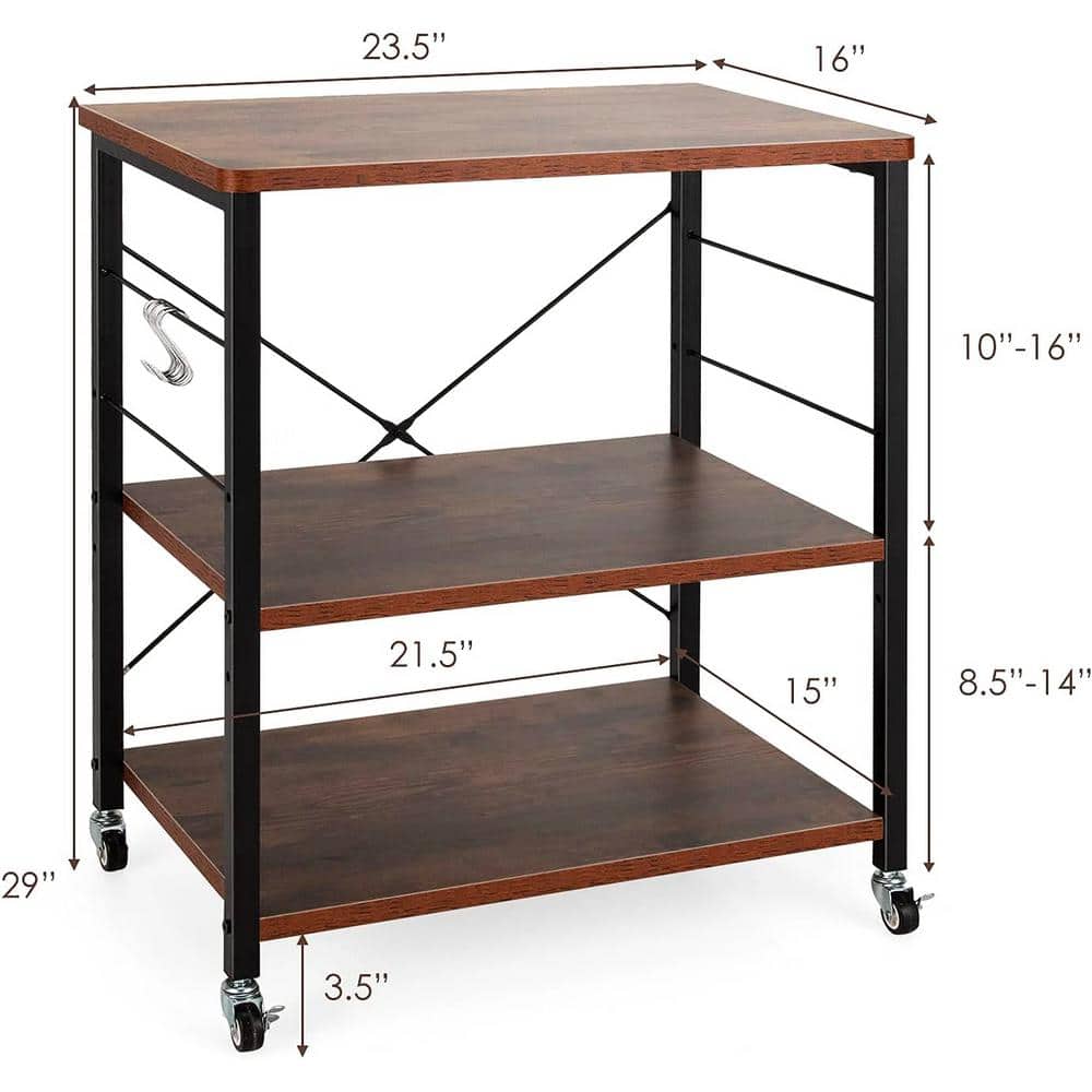 3-Tier Brown Wood Kitchen Cart with 10-Hooks - thumbnail 9