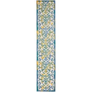 Aloha Ivory Blue 2 ft. x 12 ft. Kitchen Runner Floral Contemporary Indoor/Outdoor Patio Area Rug