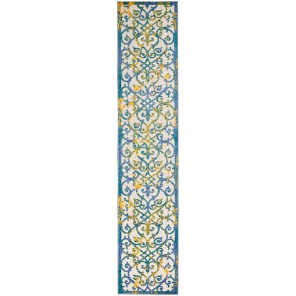 Nourison Aloha Ivory Blue 2 ft. x 12 ft. Kitchen Runner Floral Contemporary Indoor/Outdoor Patio Area Rug