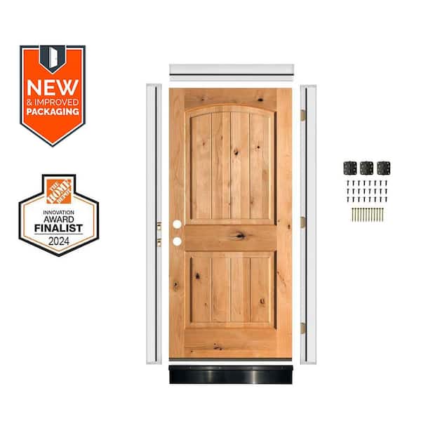 DIY 36 in. x 80 in. Knotty Alder 2Panel Right-Hand Arch Top VG Clear Stain Wood Front Door Kit w/ Quick Assemble Jamb