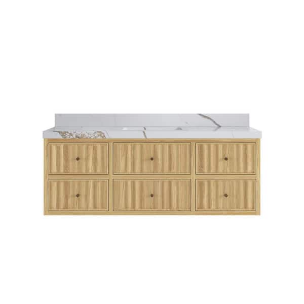 Willow Collections Sonoma Floating 60 in. H Single Sink Freestanding Light Natural Bath Vanity with Calacatta Gold Qt. Top Unassembled