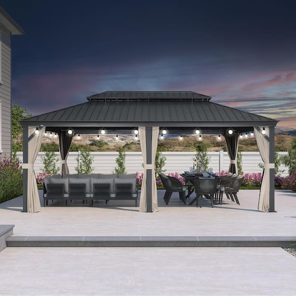 PURPLE LEAF 12 ft. x 20 ft. Gray Patio Outdoor Gazebo for Backyard Hardtop Aluminum Frame with Hooks,Upgrade Beige Curtain 24-Lights