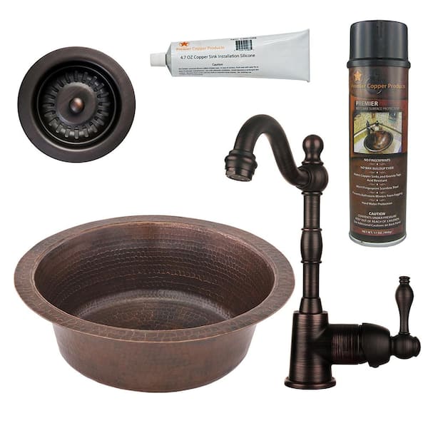 Premier Copper Products Bronze 16 Gauge Copper 14 in. Dual Mount Bar Sink with Faucet and 3.5 in. Strainer Drain