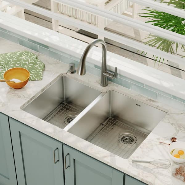 16-Gauge Stainless Steel 33 in. Double Bowl Undermount Kitchen Sink with Grid and Basket Strainer