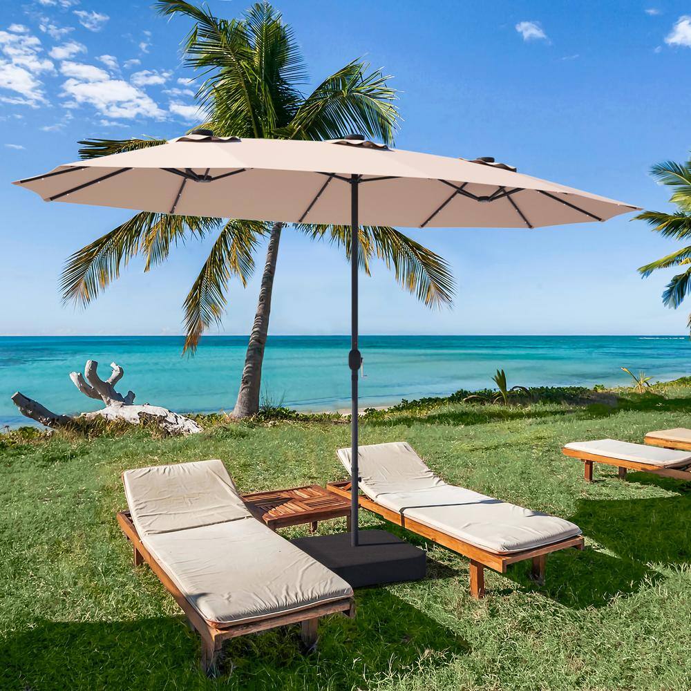 15' Beige Double-Sided Patio Umbrella with Solar LED Lights