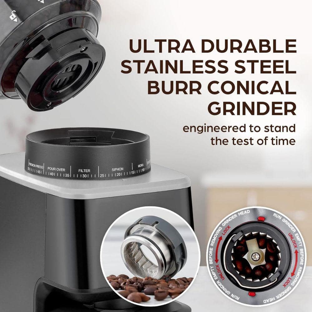 Black Stainless Steel Electric Burr Coffee Grinder with Adjustable Grind