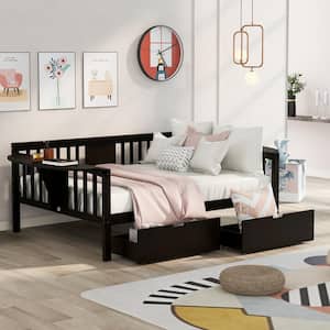 Espresso Full Size Daybed with Storage Drawers, Wood Full Bed Frame with Built-in End Table for Bedroom, Living Room
