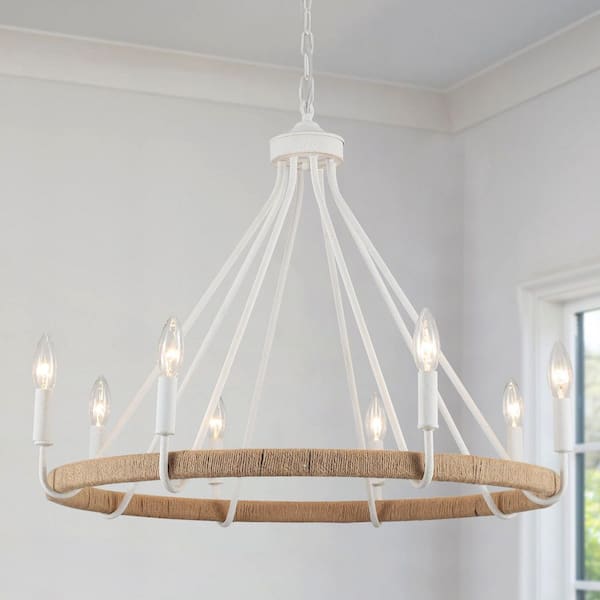 8-Light White Candlestick Wagon Wheel Chandelier Hemp Rope Linear Chandelier Lighting for Kitchen Island
