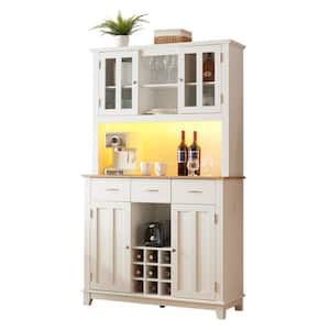 Coffee Bar Cabinet with LED Lights and Outlet,Kitchen Sideboard with Drawers,Wine Glass Racks,Kitchen Sideboard,White