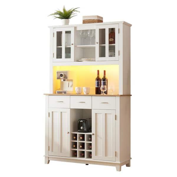 Polibi Coffee Bar Cabinet with LED Lights and Outlet,Kitchen Sideboard with Drawers,Wine Glass Racks,Kitchen Sideboard,White
