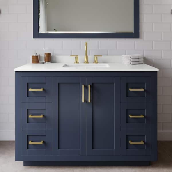 Wyndham Collection Miranda 48 in. W x 22 in. D x 33.75 in. H Single Bath Vanity in Dark Blue with White Quartz Top