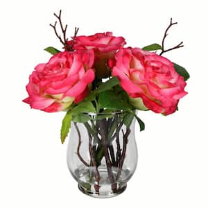 10 in. Dark Pink Artificial Rose Floral Arrangement in Glass Vase