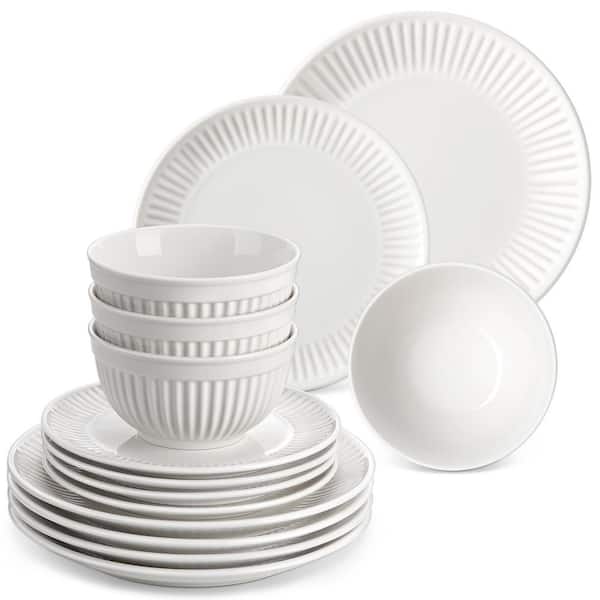 12-Piece White Porcelain Dinnerware Set Service for 4 Embossed Tableware Set with Dinner Plates Dessert Plates and Bowls