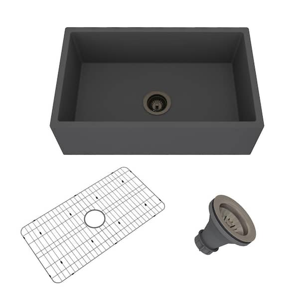 Dimakai 30 in. Farmhouse Apron Front Single Bowl Black Earth Concrete Kitchen Sink with Drain Grid and Drain Assembly
