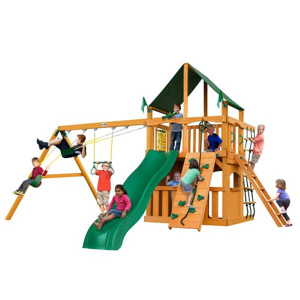 Gorilla Playsets Chateau Clubhouse Wooden Swing Set with Sunbrella Canvas Canopy and Rock Wall