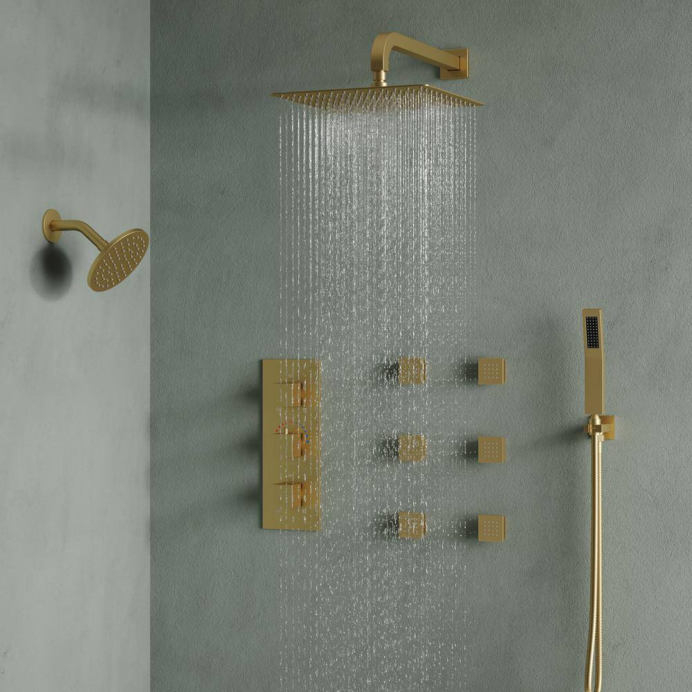 Gold Thermostatic 12" Triple Showerhead System with Handheld