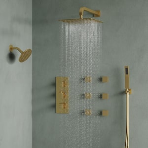 Triple Handles 2.5 GPM 8-Spray Wall Mount Handheld Shower Head with Anti Scald in Brushed Gold