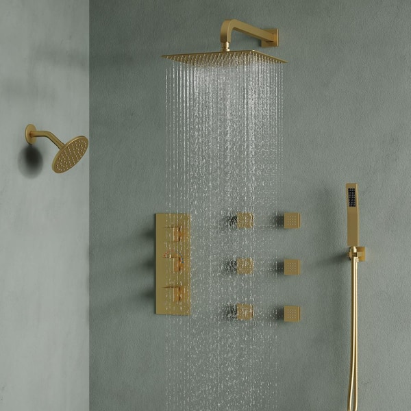Triple Handles 2.5 GPM 8-Spray Wall Mount Handheld Shower Head with Anti Scald in Brushed Gold