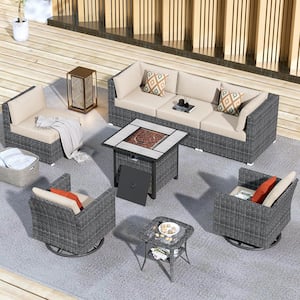 Messi Grey 8-Piece Wicker Outdoor Patio Fire Pit Conversation Sofa Set with Swivel Rocking Chairs and Beige Cushions