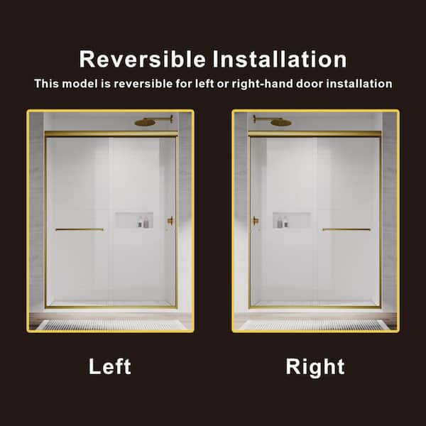 UKD07N 56 to 60 in. W x 72 in. H Double Sliding Semi-Frameless Shower Door in Satin Brass, 1/4 in. SGCC Clear Glass