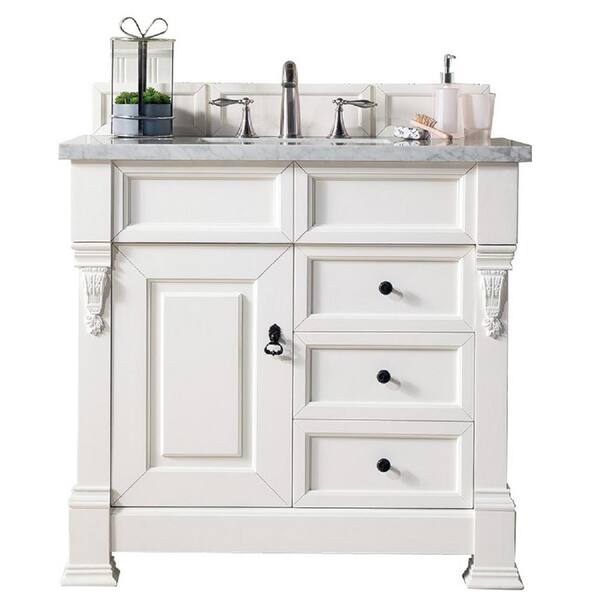 James Martin Vanities Brookfield 36 in. W x 23.5 in. D x 34.3 in. H Bath Vanity in Bright White with Marble Top in Carrara White