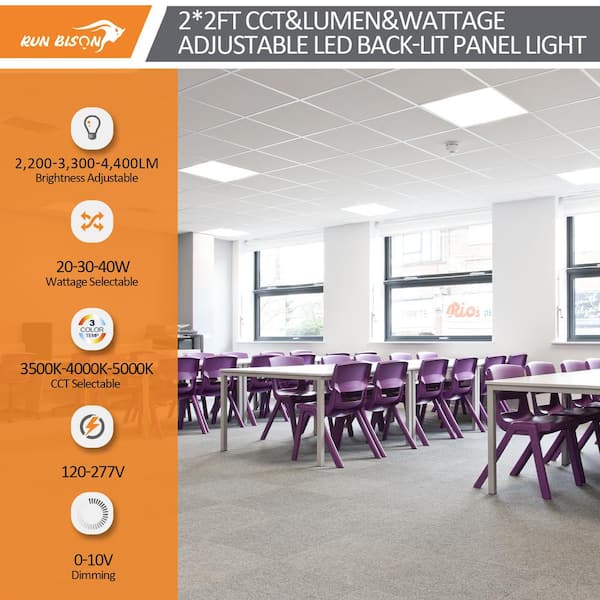 RUN BISON 2 ft. x 2ft. Dimmable White CCT and Wattage Selectable Integrated LED Back-Lit Flat Panel Light