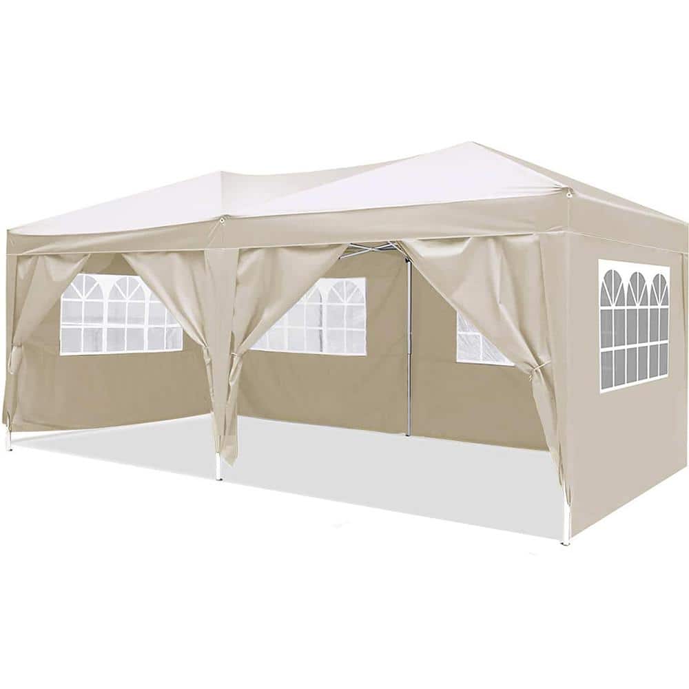 10 ft. W x 20 ft. L Beige Pop-Up Canopy Outdoor PartyFolding Tent with 6 Re