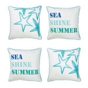 Nautical Coastal Stars & Quote Decorative Set of 4 Throw Pillow Covers 18 in. x 18 in. Square White & Blue