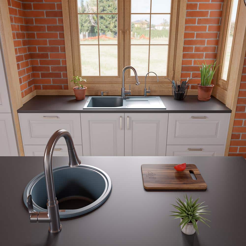 Titanium Gray Granite Single Bowl Kitchen Sink with Drainboard