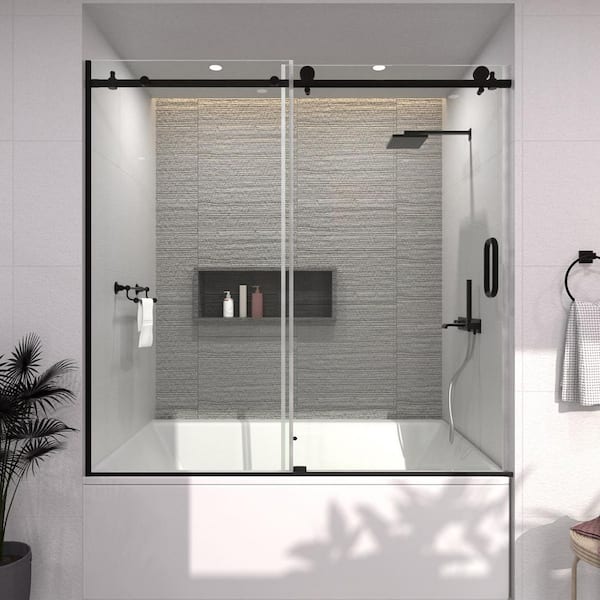 60 in. W x 60 in. H Sliding Semi Frameless Tub Door in Matte Black Finish with Clear Glass