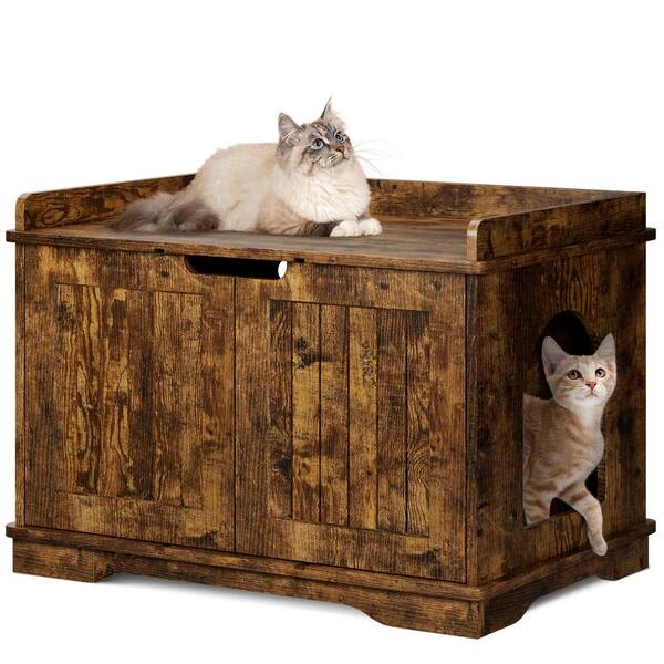 FUFU&GAGA 29.5 in. W Dark Brown Rectangle Wood Side Table with 2 Compartments, Multiple Function, Side Holes