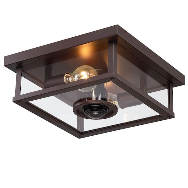 12.25 in. 2-Light Oil Rubbed Bronze Outdoor Flush Mount Ceiling Light with Motion Sensor and Timer Functions