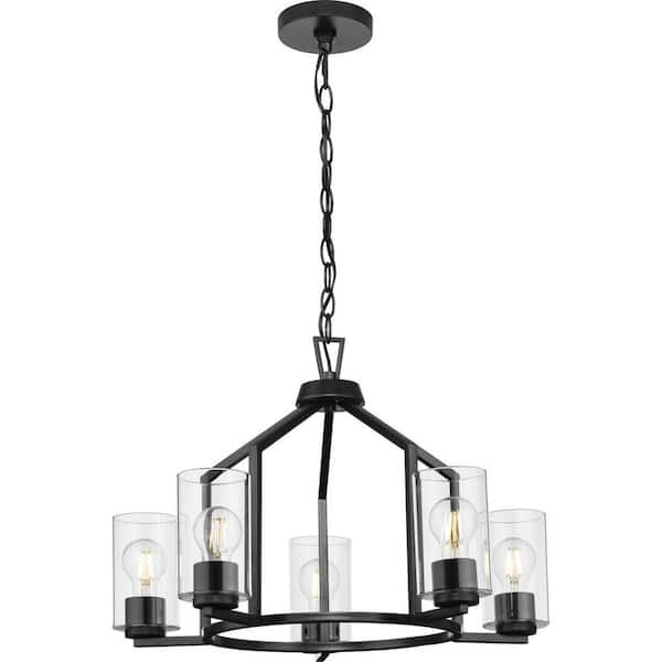 Goodwin 24 in. 5-Light Matte Black Modern Farmhouse Chandelier with Clear Glass Shade