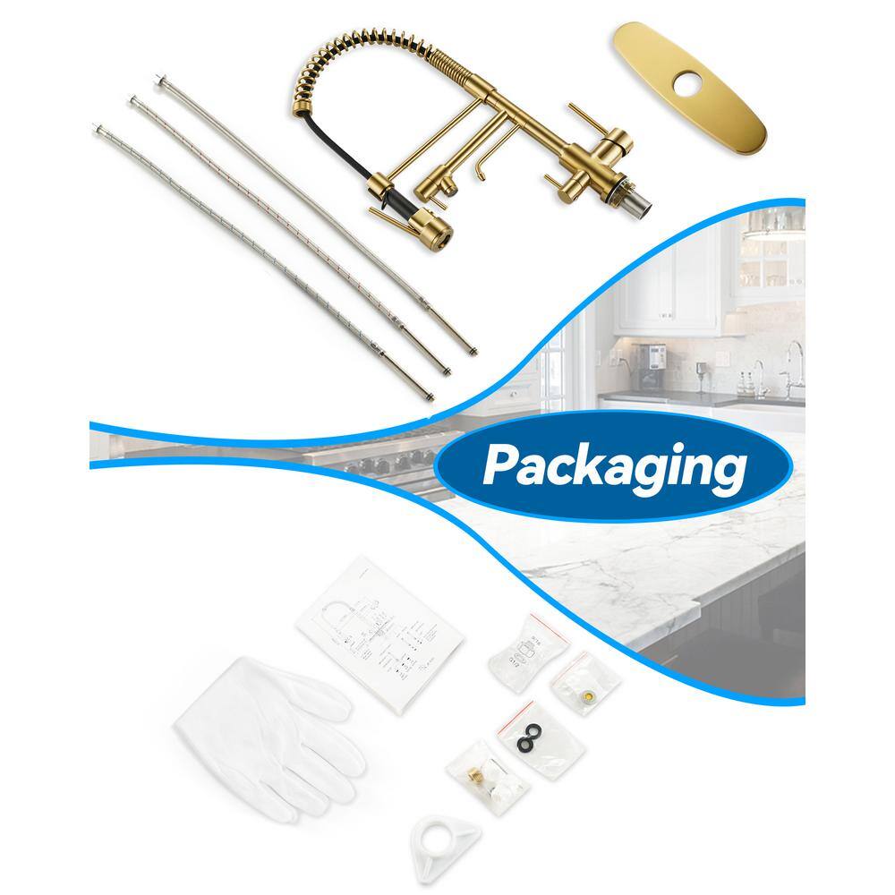 Brushed Gold Double Handle High-Arc Kitchen Faucet with Pull-out Spray