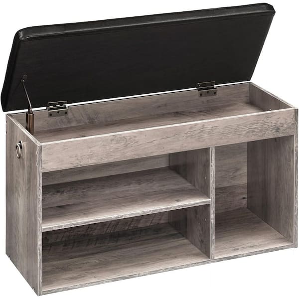 8 Gal. Black Wood Outdoor Storage Bench with Padded Cushion, Adjustable Shel & Hidden Compartment