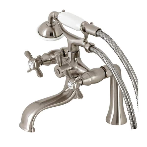 Kingston Brass Essex 3-Handle Deck-Mount Clawfoot Tub Faucets with Handshower in Brushed Nickel