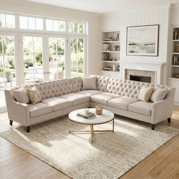 Riley Chesterfield Sofa 103.15 in. Fabric L-Shaped Sectional Sofa in Beige with Tufted Back, Nailhead Trim