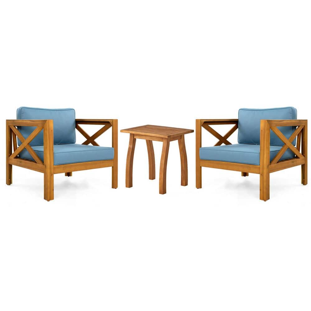 3-Piece Acacia Wood Patio Conversation Set with Blue Cushions, Outdoor Furniture Set for Backyard, Garden price history on PriceWatchPro