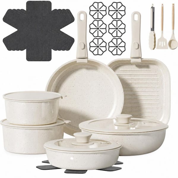 26 -Pieces Cream White Ceramic Nonstick Cookware Set Non Toxic PFAS PFOA PTFE Free Induction Oven Safe Kitchen