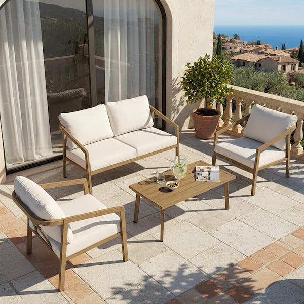 Teak Finish 4-Piece Aluminum Patio Conversation Set with Polyester Beige Cushions