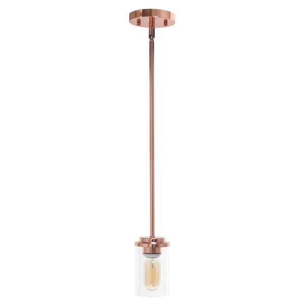 Elegant Designs 5.75 in. 1-Light Rose Gold Essential Modern Farmhouse Adjustable Cylindrical Clear Glass Hanging Pendant Light